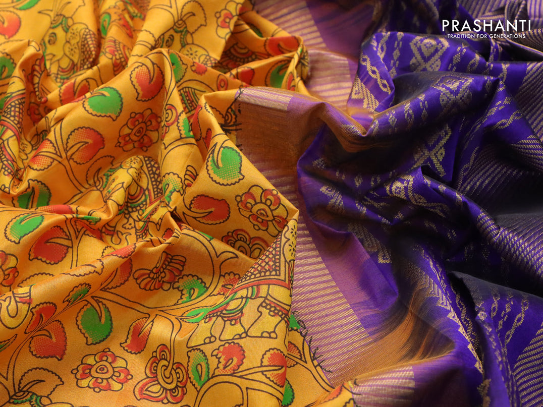 Silk cotton saree mustard yellow and blue with allover kalamkari prints and zari woven border