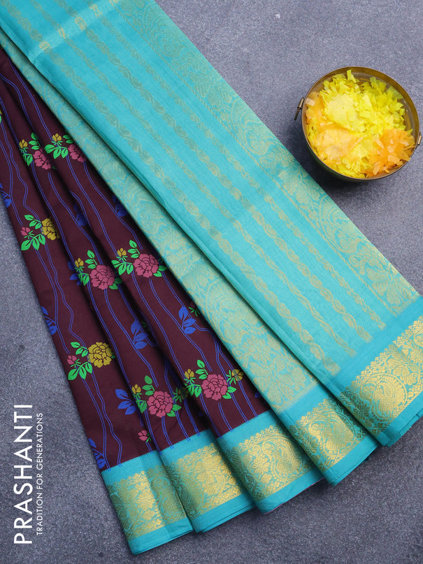 Silk cotton saree coffee brown and teal green with allover floral prints and zari woven border