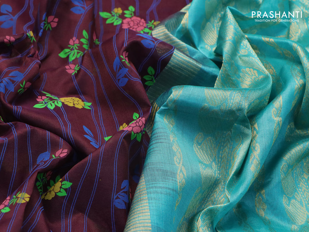 Silk cotton saree coffee brown and teal blue with allover floral prints and paisley zari woven border