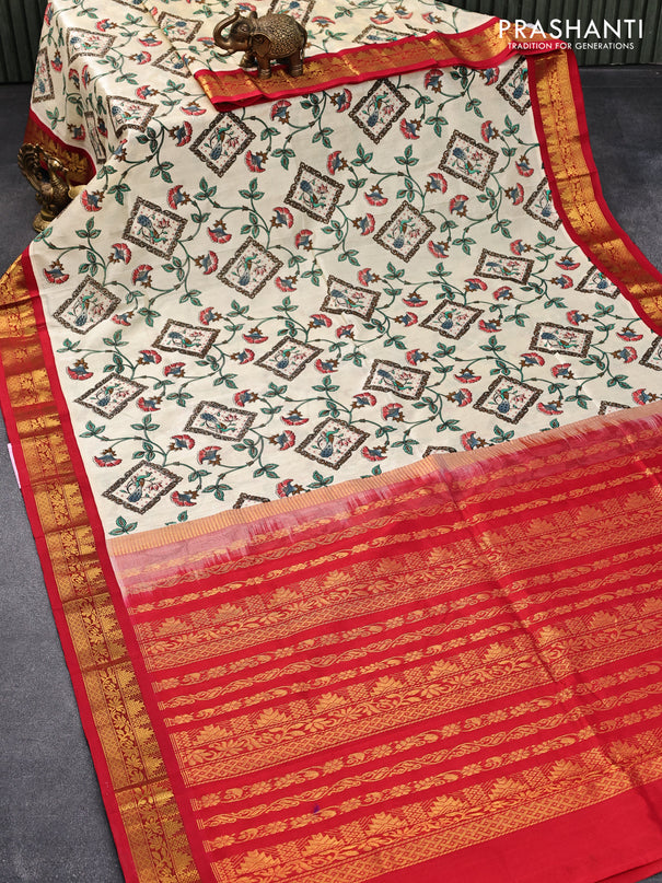 Silk cotton saree cream and red with allover floral prints and zari woven border