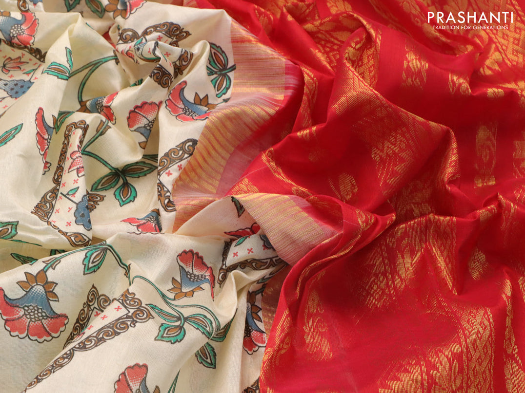 Silk cotton saree cream and red with allover floral prints and zari woven border