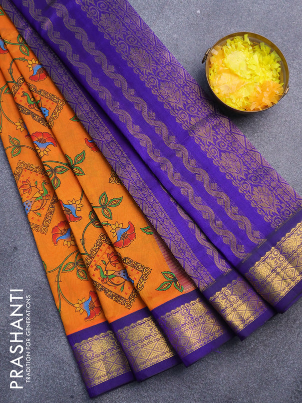 Silk cotton saree orange and blue with allover floral prints and zari woven border