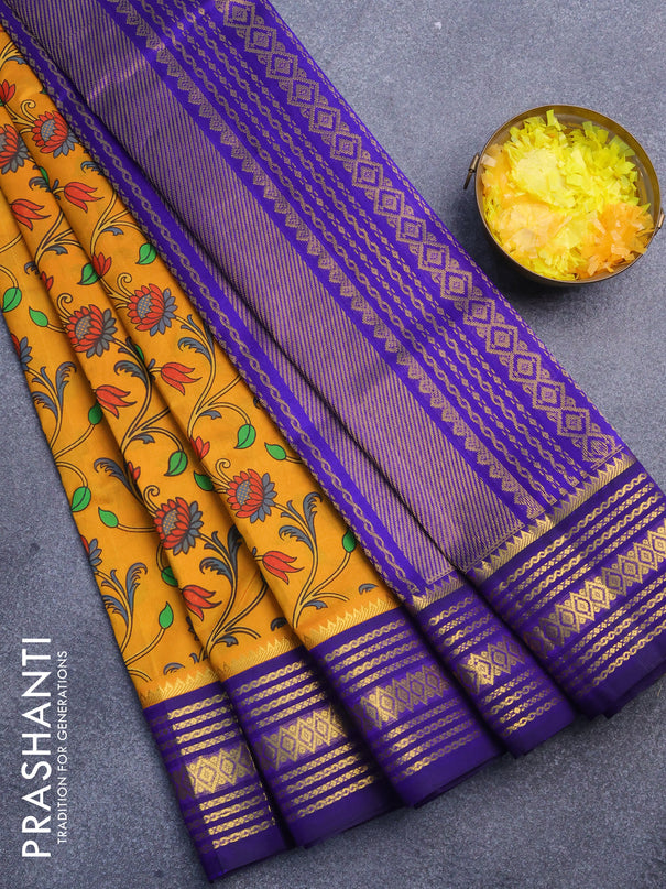Silk cotton saree mango yellow and blue with allover floral prints and zari woven border
