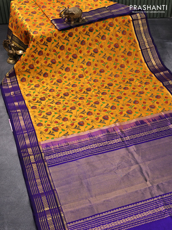 Silk cotton saree mango yellow and blue with allover floral prints and zari woven border