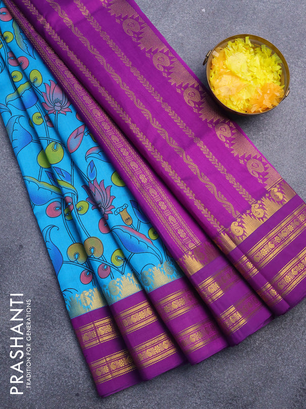 Silk cotton saree cs blue and purple with pichwai prints and rettapet zari woven border