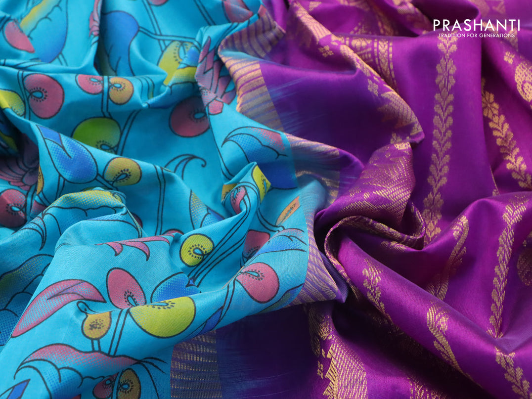 Silk cotton saree cs blue and purple with pichwai prints and rettapet zari woven border