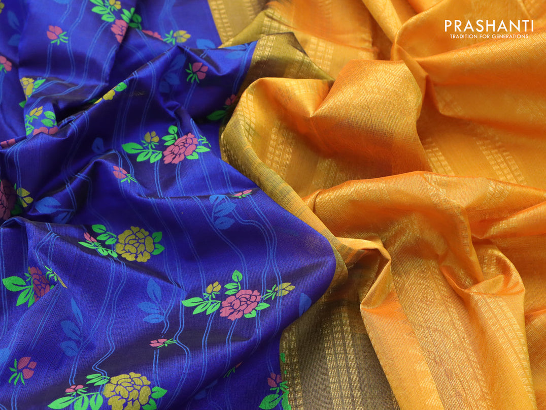 Silk cotton saree blue and mustard yellow with allover floral prints and zari woven border