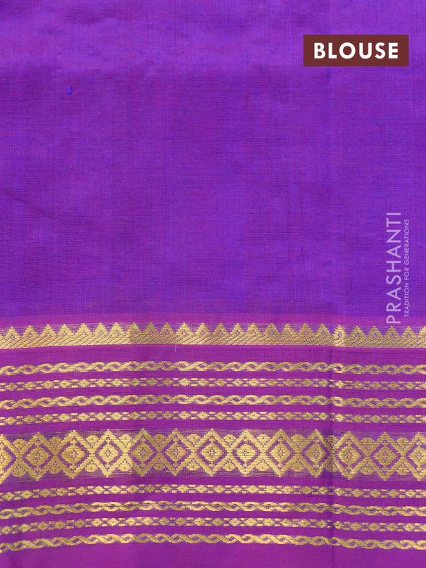 Silk cotton saree teal blue and purple with allover kalamkari prints and zari woven border