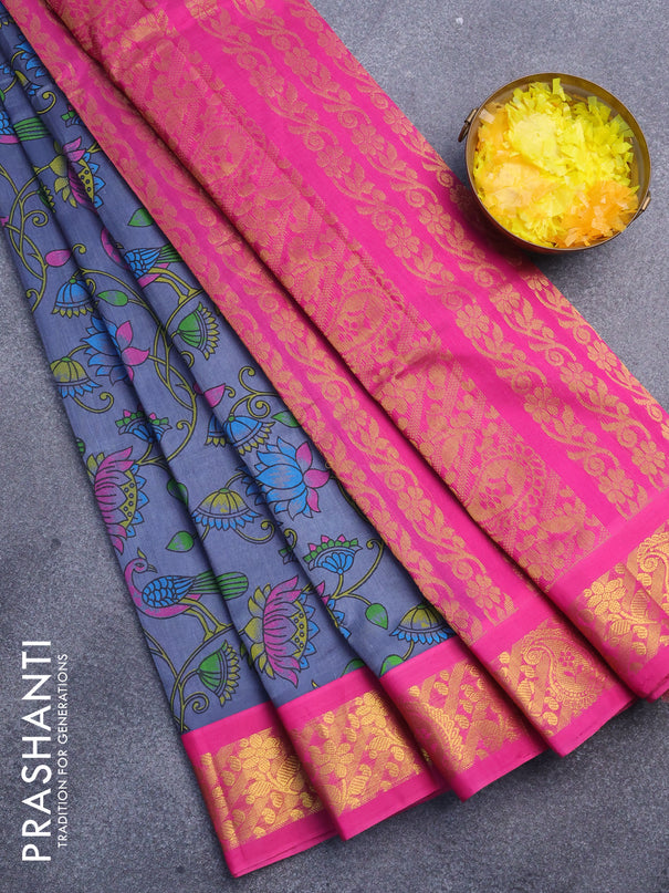 Silk cotton saree grey and pink with allover kalamkari prints and paisley zari woven border