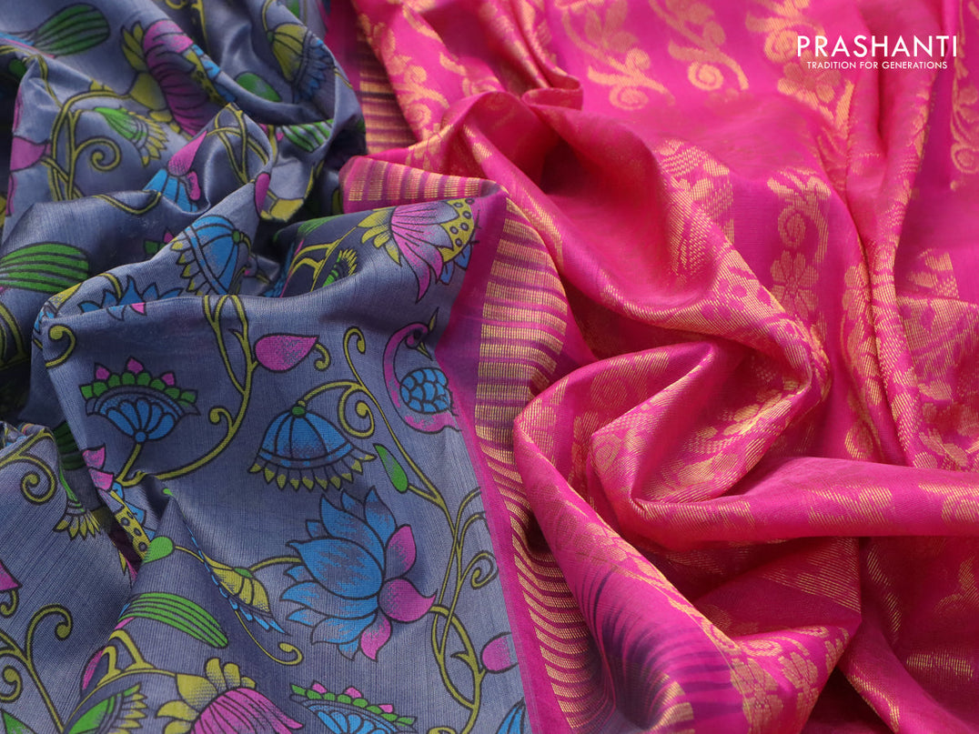 Silk cotton saree grey and pink with allover kalamkari prints and paisley zari woven border