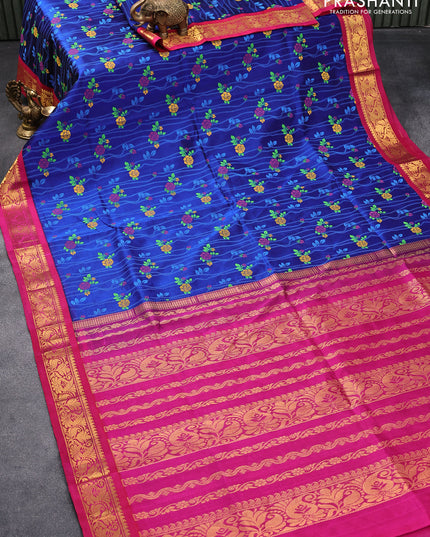 Silk cotton saree blue and pink with allover floral prints and zari woven korvai border