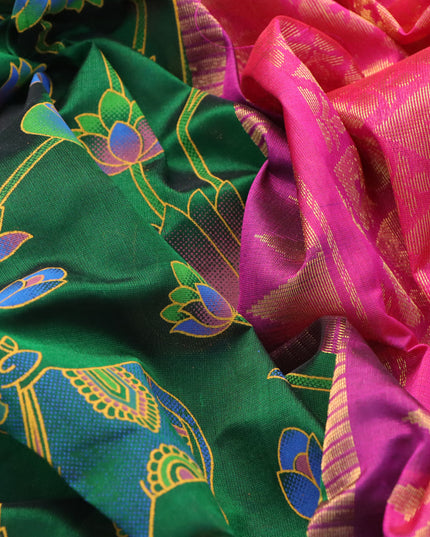 Silk cotton saree green and pink with allover floral prints and temple design zari woven simple border
