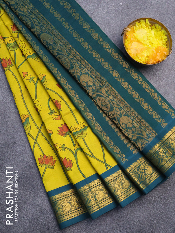 Silk cotton saree lime yellow and green with allover floral prints and zari woven border
