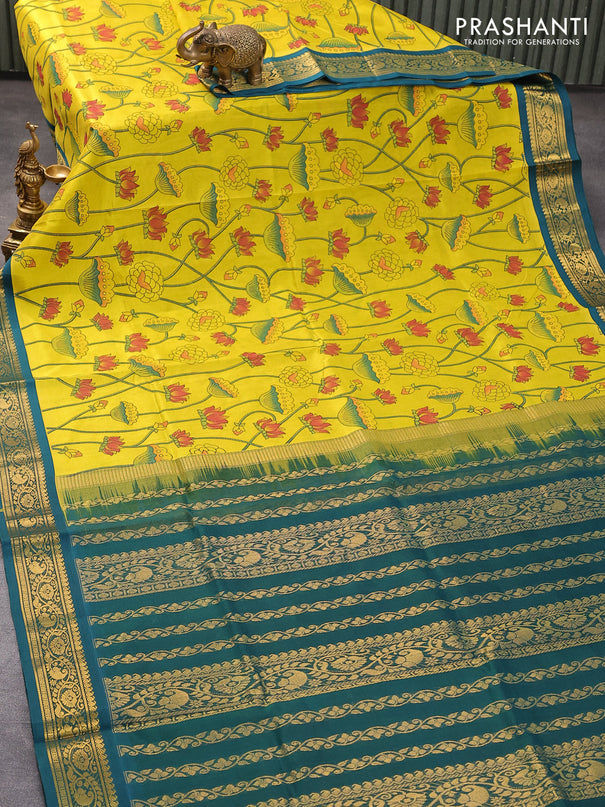 Silk cotton saree lime yellow and green with allover floral prints and zari woven border