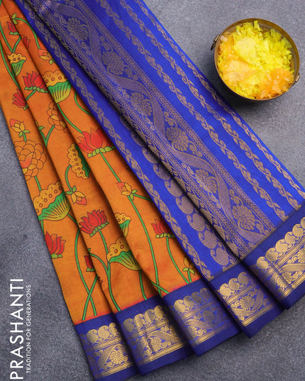 Silk cotton saree rustic orange and blue with pichwai prints and zari woven border