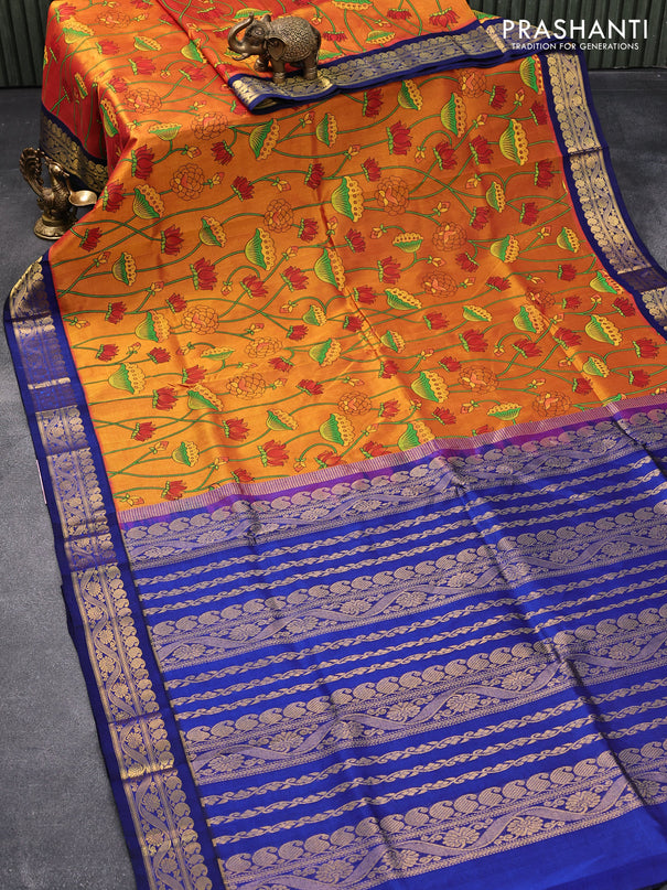 Silk cotton saree rustic orange and blue with pichwai prints and zari woven border
