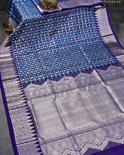 Venkatagiri silk saree peacock blue and blue with allover silver zari checks & buttas and rich temple design annam silver zari woven border