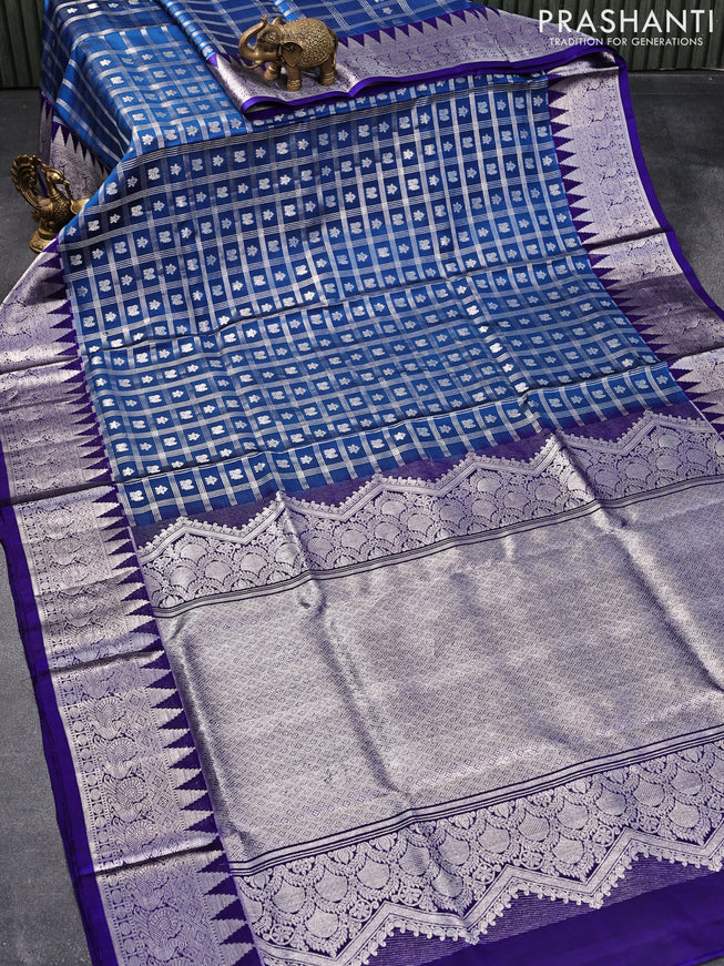 Venkatagiri silk saree peacock blue and blue with allover silver zari checks & buttas and rich temple design annam silver zari woven border