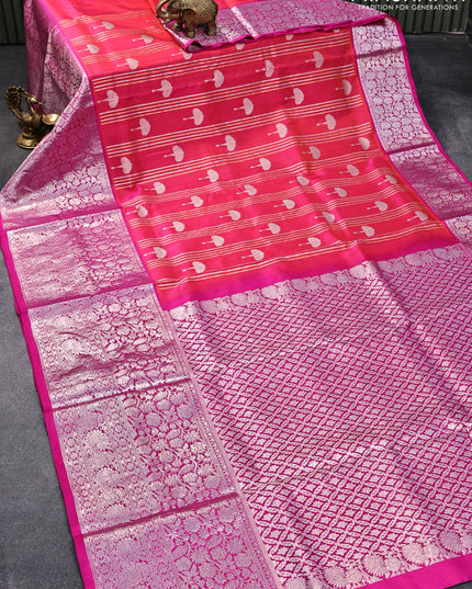 Venkatagiri silk saree dual shade of pinkish orange and pink with allover silver zari weaves & buttas and long floral & annam silver zari woven border