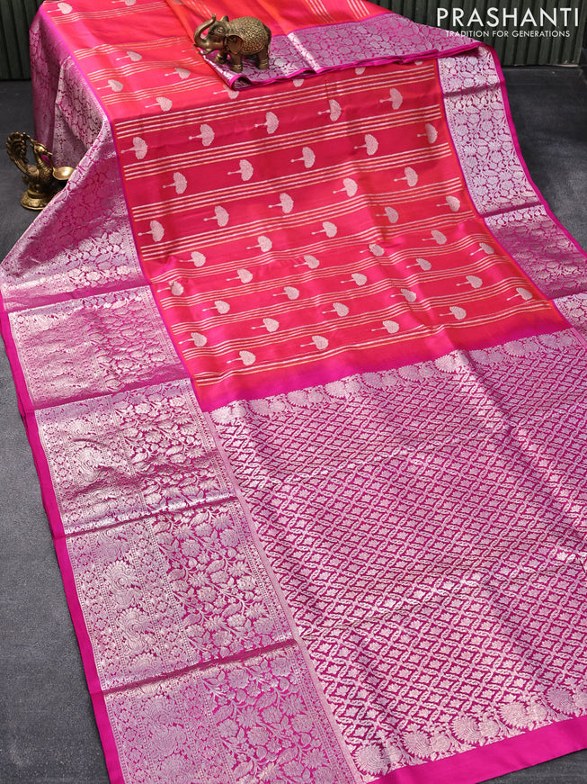 Venkatagiri silk saree dual shade of pinkish orange and pink with allover silver zari weaves & buttas and long floral & annam silver zari woven border