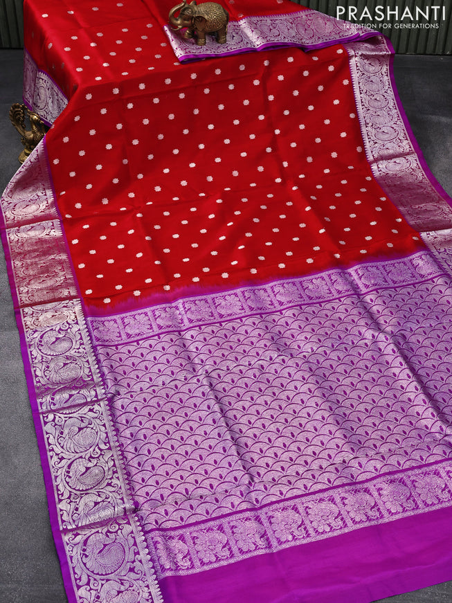 Venkatagiri silk saree red and purple with silver zari woven geometric buttas and annam silver zari woven border