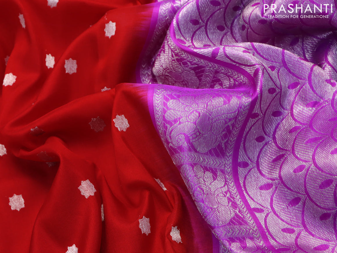 Venkatagiri silk saree red and purple with silver zari woven geometric buttas and annam silver zari woven border