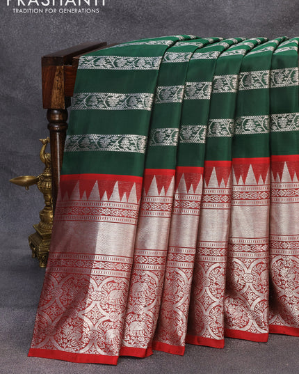 Venkatagiri silk saree dark green and maroon with allover silver stripe weaves and long temple design zari woven annam & elephant border