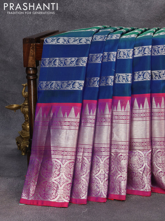 Venkatagiri silk saree dual shade of bluish green and red with allover silver stripe weaves and long temple design zari woven annam & elephant border