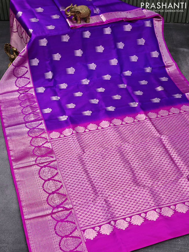 Venkatagiri silk saree violet and pink with silver zari woven buttas and rich floral silver zari woven border