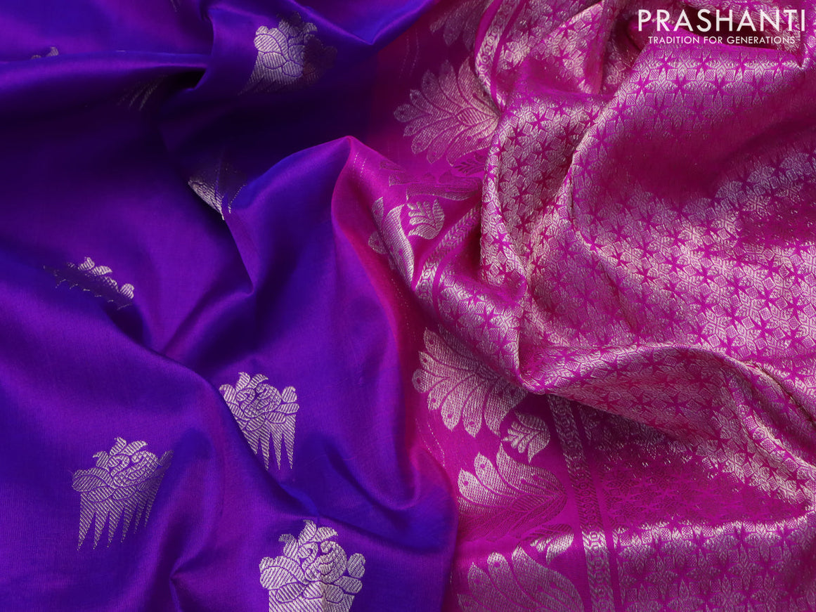 Venkatagiri silk saree violet and pink with silver zari woven buttas and rich floral silver zari woven border