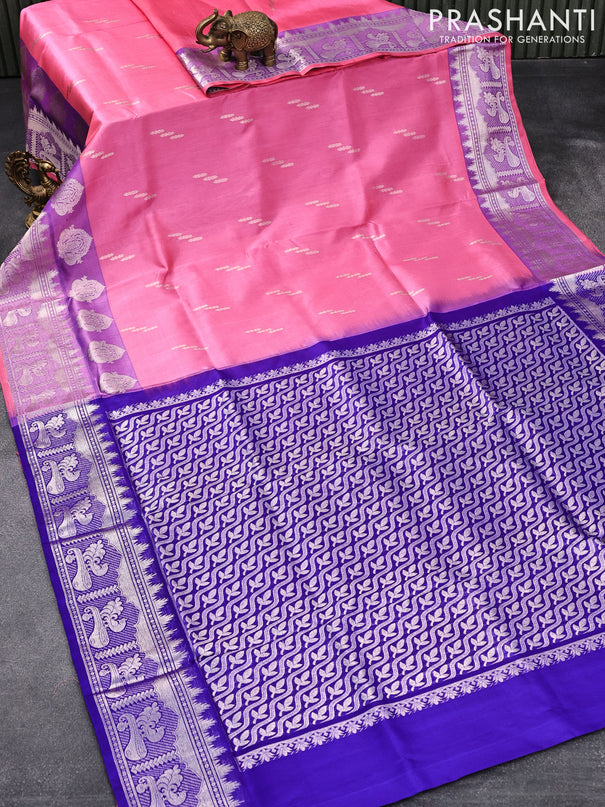 Venkatagiri silk saree pink and blue with silver zari woven buttas and silver zari woven butta border