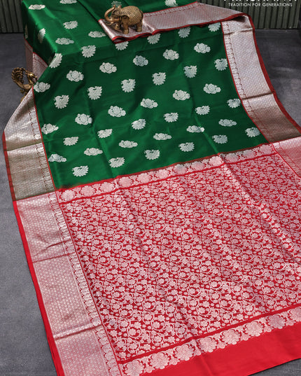 Venkatagiri silk saree green and red with silver zari woven buttas and annam zari woven border