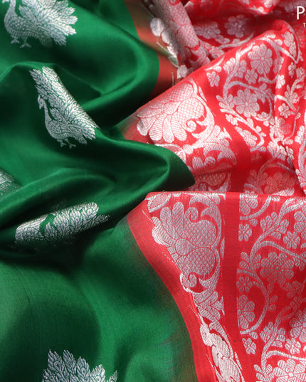 Venkatagiri silk saree green and red with silver zari woven buttas and annam zari woven border
