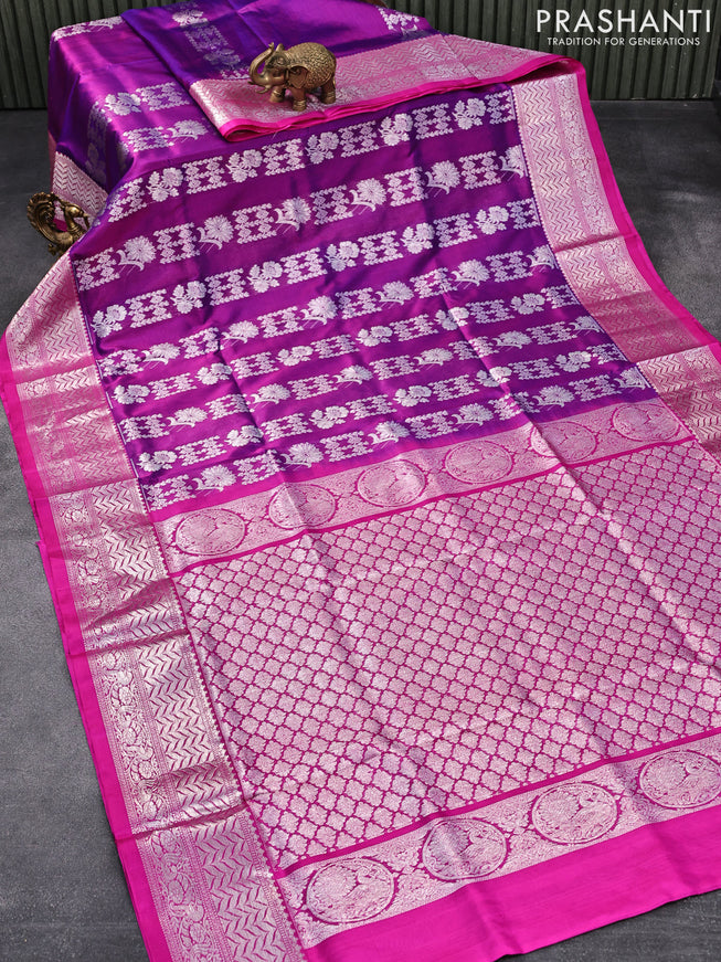 Venkatagiri silk saree purple and pink with allover silver zari weaves and silver zari woven border