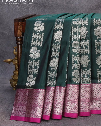 Venkatagiri silk saree dark green and magenta pink with allover silver zari weaves and silver zari woven border