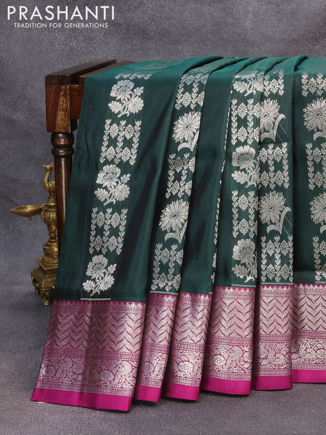 Venkatagiri silk saree dark green and magenta pink with allover silver zari weaves and silver zari woven border