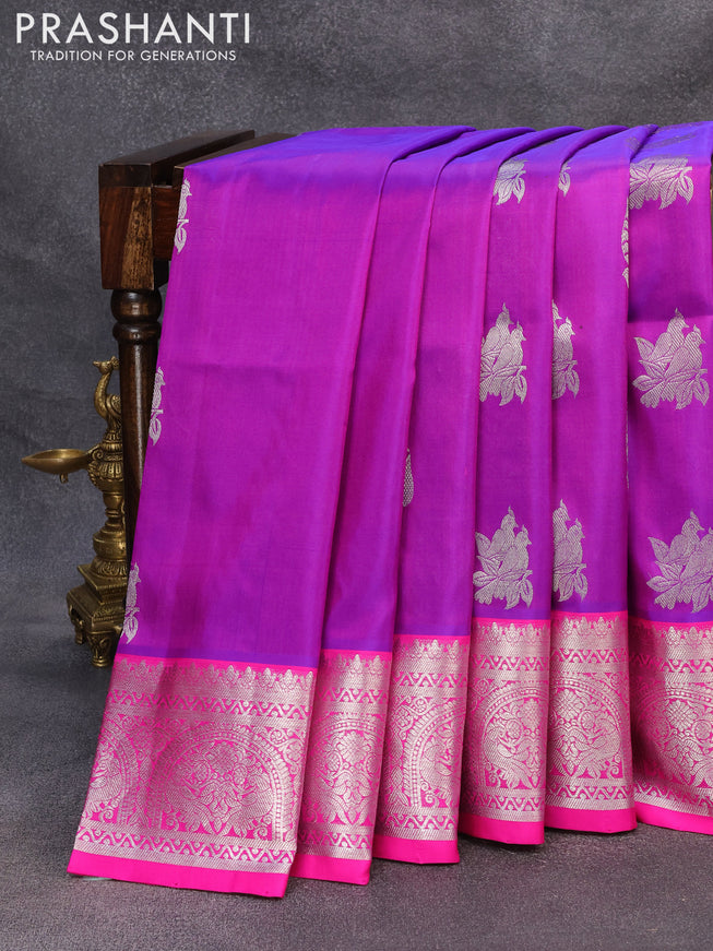 Venkatagiri silk saree dual shade of purple and pink with silver zari woven buttas and silver zari woven border