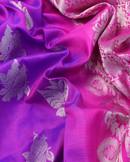 Venkatagiri silk saree dual shade of purple and pink with silver zari woven buttas and silver zari woven border