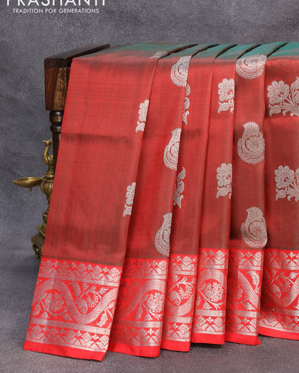 Venkatagiri silk saree dual shade of reddish green and red with silver zari woven floral buttas and rich silver zari woven border
