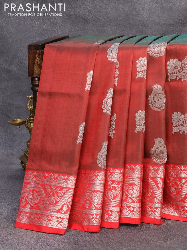 Venkatagiri silk saree dual shade of reddish green and red with silver zari woven floral buttas and rich silver zari woven border