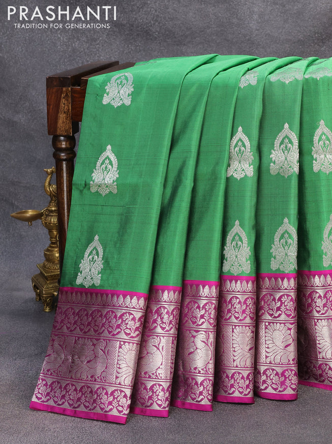 Venkatagiri silk saree green and pink with silver zari woven buttas and silver zari woven annam border