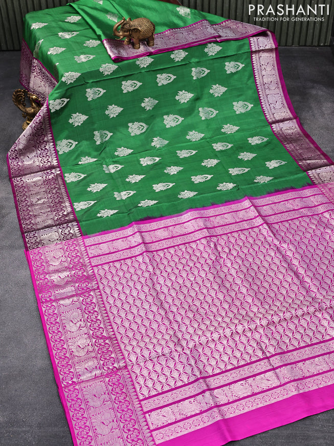 Venkatagiri silk saree green and pink with silver zari woven buttas and silver zari woven annam border