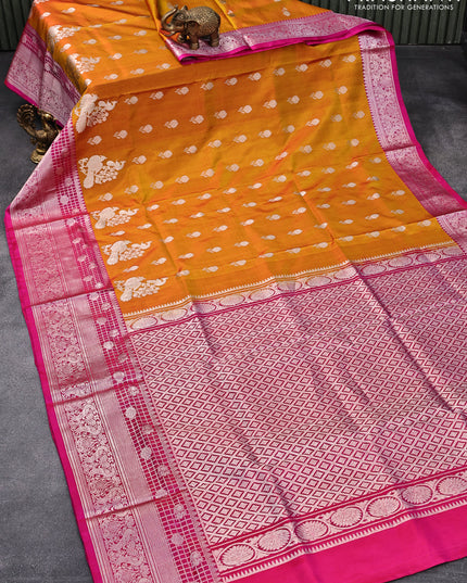 Venkatagiri silk saree mustard yellow and pink with silver zari woven floral buttas and rich silver zari woven border
