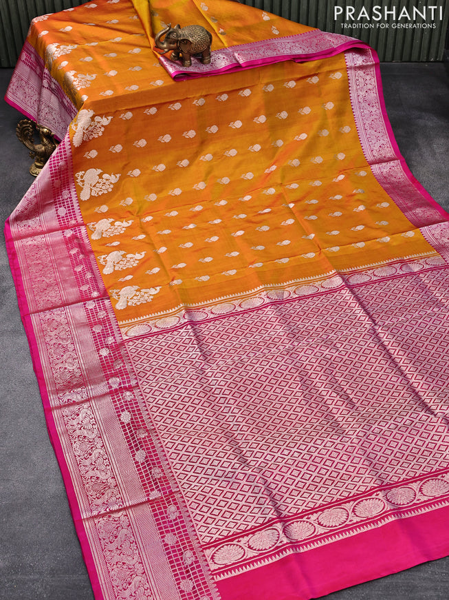 Venkatagiri silk saree mustard yellow and pink with silver zari woven floral buttas and rich silver zari woven border