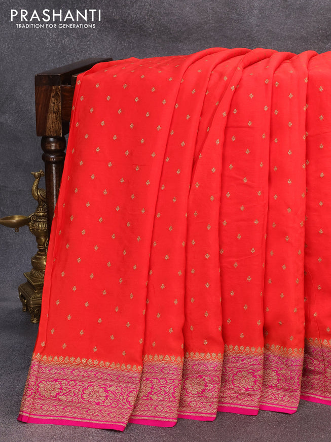 Pure banarasi crepe silk saree reddish orange and pink with allover thread & zari woven buttas and woven border