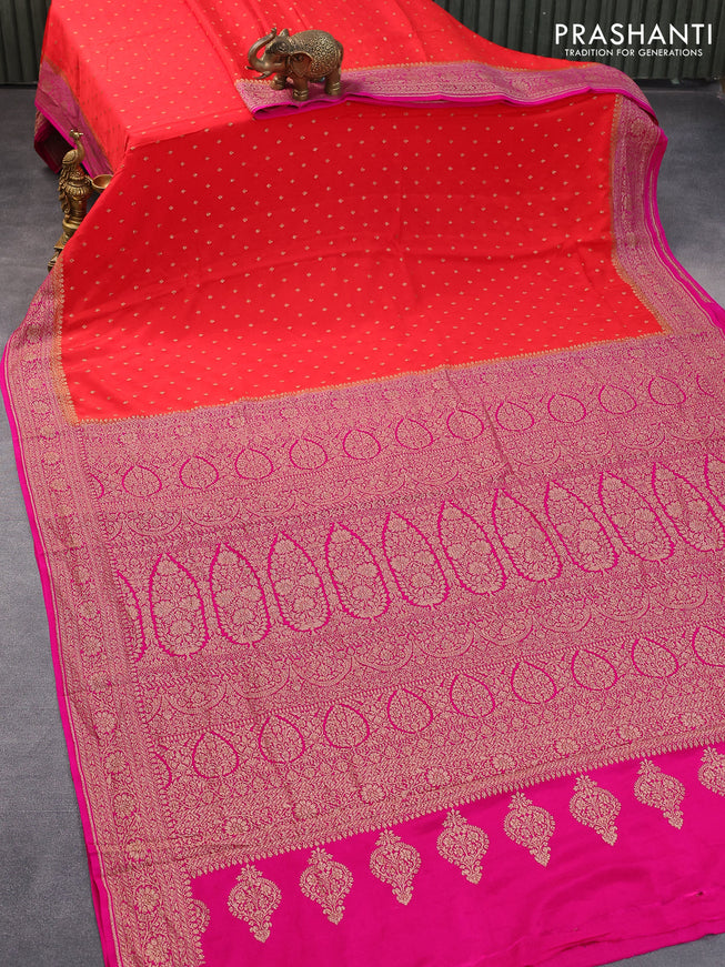 Pure banarasi crepe silk saree reddish orange and pink with allover thread & zari woven buttas and woven border