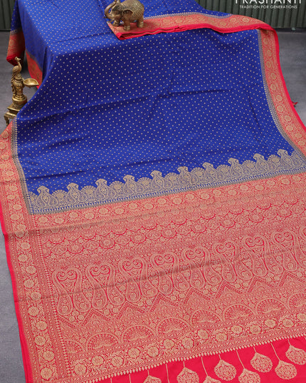 Pure banarasi crepe silk saree blue and red with allover thread & zari woven buttas and woven border