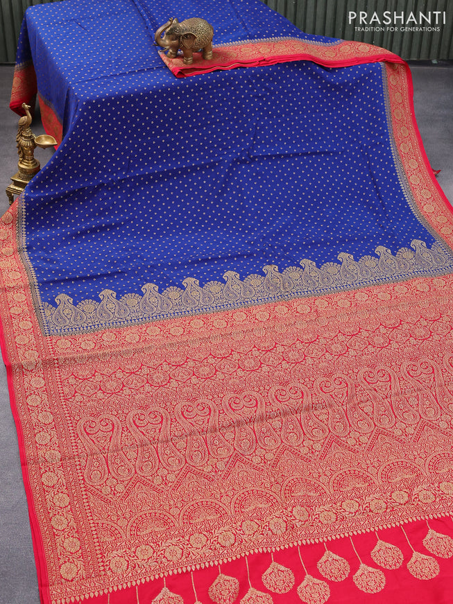 Pure banarasi crepe silk saree blue and red with allover thread & zari woven buttas and woven border