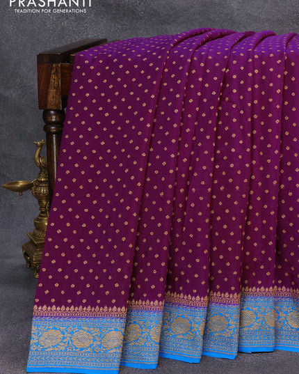 Pure banarasi crepe silk saree deep purple and cs blue with allover thread & zari woven buttas and woven border