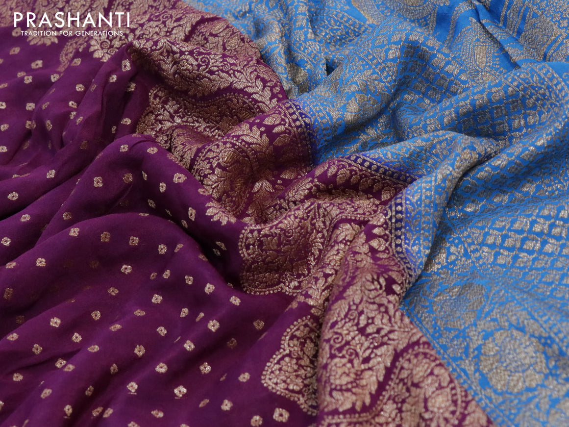 Pure banarasi crepe silk saree deep purple and cs blue with allover thread & zari woven buttas and woven border